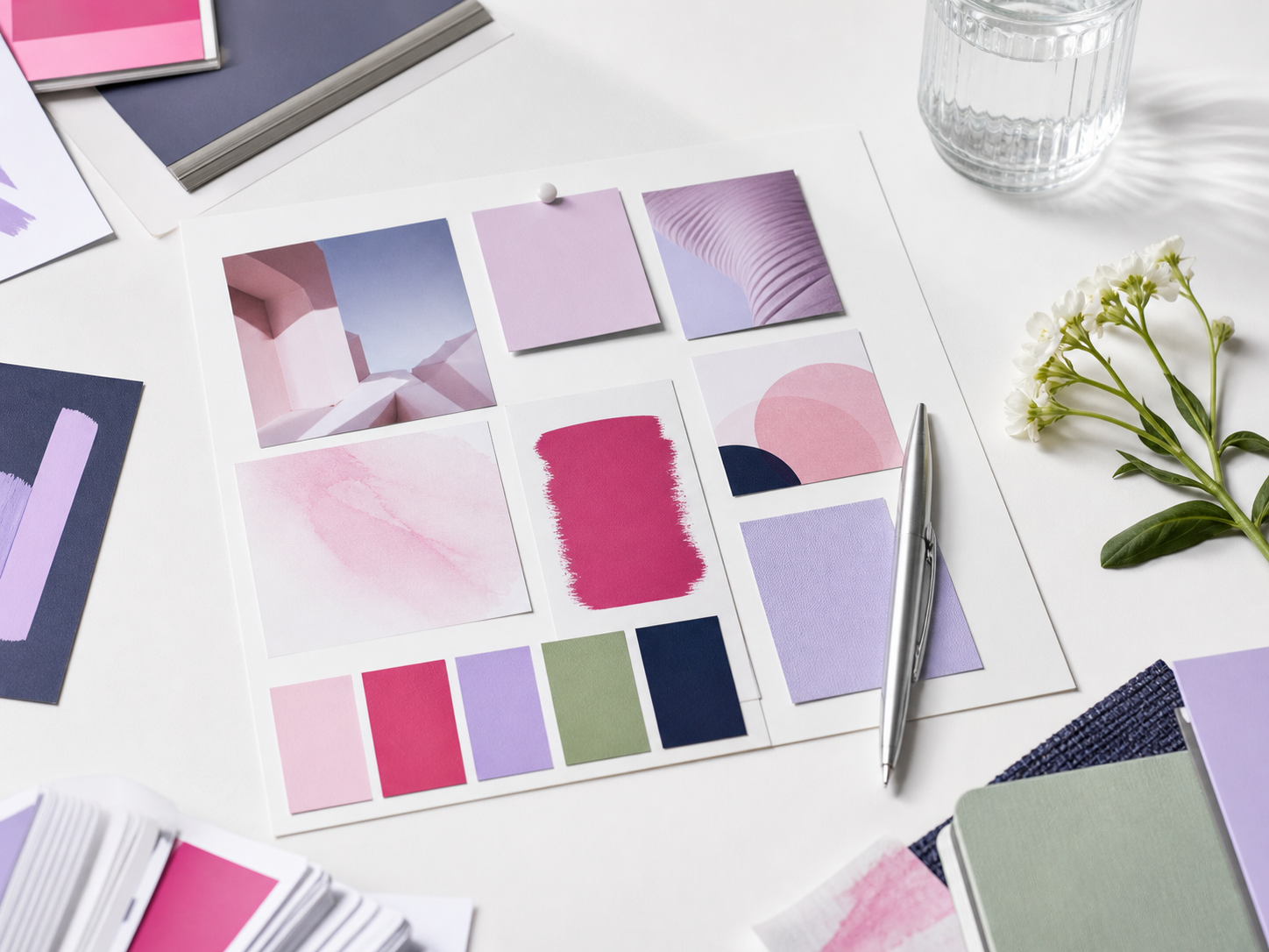 Moodboard met frisse merkkleuren en brandingmateriaal