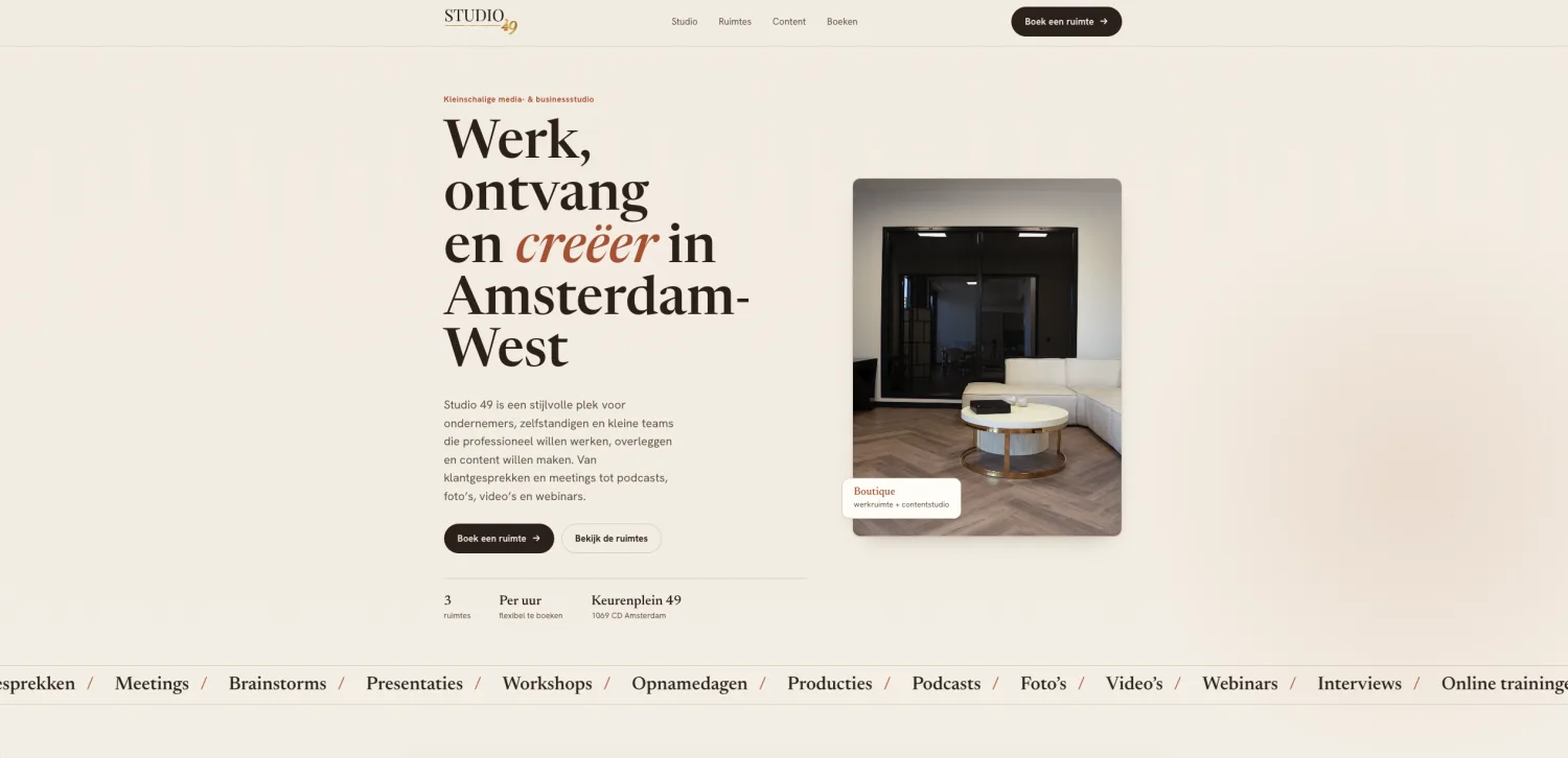 Screenshot van de Studio 49 website